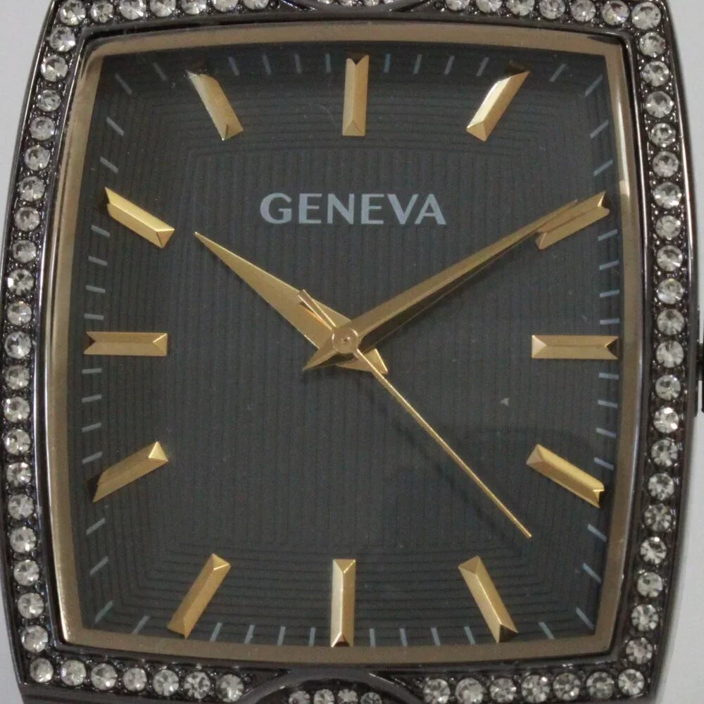 Geneva Men's Tank Style Quarts Watch Gun Metal Grey With Stone Accents 37mm